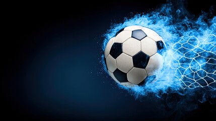 Fototapeta premium Dramatic and captivating moment of a soccer ball exploding in a fiery high energy motion as it propels rapidly towards the goal in a heated sports competition