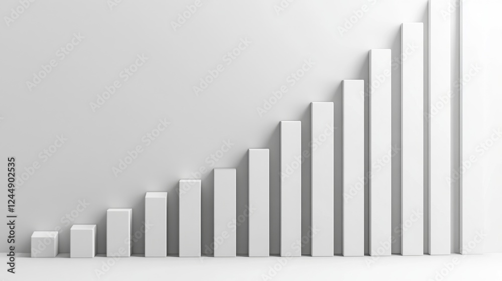 Poster minimalist d bar chart with tall, sleek bars in monochromatic tones, casting shadows on a clean, whi