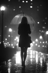 A woman stands alone in the rain at night, holding a transparent umbrella, with city lights reflecting off the wet pavement, creating a reflective and moody scene