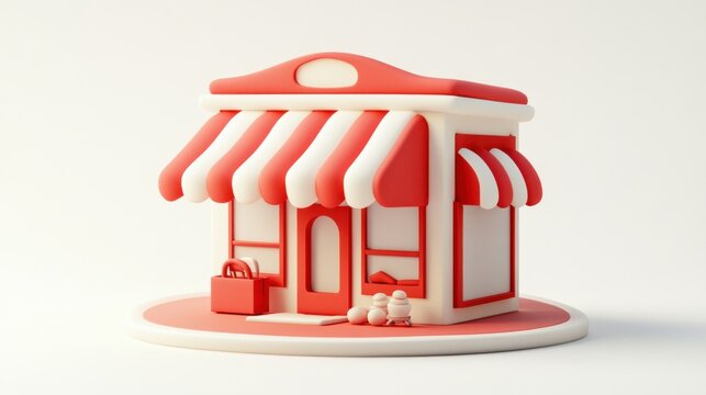 Red and white cartoon shop building with awning, bags, and balls on a small platform against a white background.