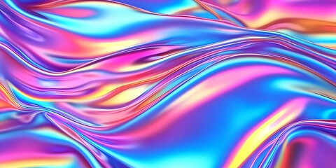 Obraz premium Iridescent holographic flowing fabric creates a vibrant and colorful abstract background.