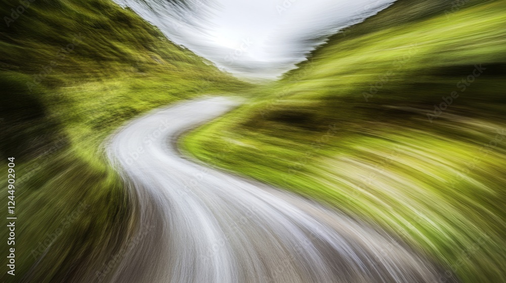 Poster motion blur effect on a curving mountain road with sharp turns, creating the feeling of speed and th