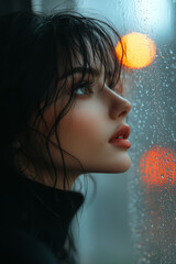 A woman stands at a foggy window gazing outside at the falling rain with her reflection visible on the glass creating a nostalgic and melancholic atmosphere