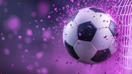 Naklejka premium Dramatic soccer ball in mid air collision with a net surrounded by a vibrant purple and pink backdrop with a sense of movement and impact