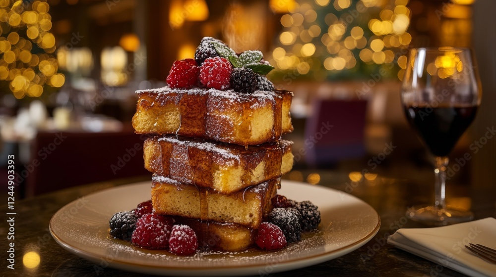 Poster stack of buttery french toast drizzled with syrup and topped with fresh berries, creating a deliciou