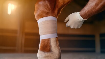Medication use behavior in animal healthcare concept. A hand is wrapping a bandage around a horse's leg, highlighting equine care and attention in a warm, illuminated environment.