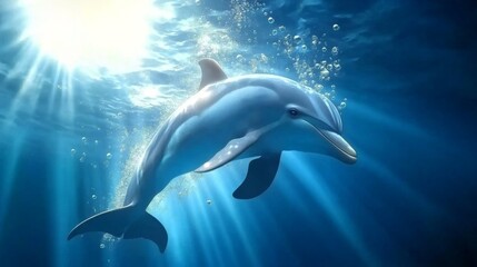 Fototapeta premium Single dolphin diving underwater, surrounded by sun rays filtering through, with bubbles and a peaceful marine ambiance