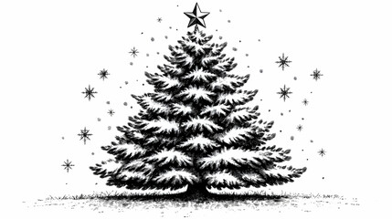 Christmas Tree Illustration Stands Majestically with Star and Snowflakes Gently Falling