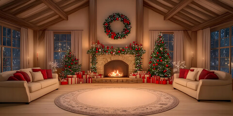 Cozy Christmas Living Room Decorated with Festive Ornaments and Presents