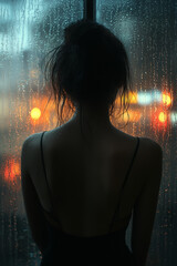 A woman stands at a foggy window gazing outside at the falling rain with her reflection visible on the glass creating a nostalgic and melancholic atmosphere