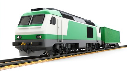 Fototapeta premium Green freight train on tracks, isolated on white background.