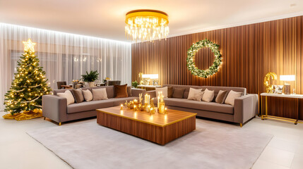 Elegant Living Room Decorated for Winter Holidays with Christmas Tree and Festive Ornaments