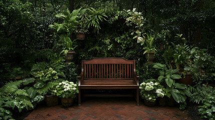 Serene garden bench, lush greenery, brick patio, tranquil rain