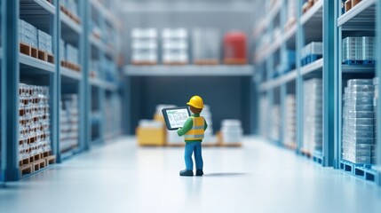 Warehouse worker using tablet to manage inventory in a large distribution center.