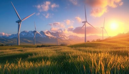 futuristic green energy picture of renewable wind turbines farm
