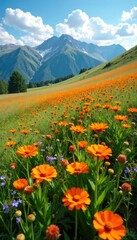Fototapeta premium A carpet of colorful wildflowers blanketing the landscape, orange, colorful flowers, landscape