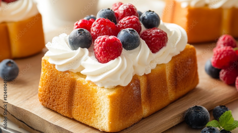 Fototapete Toasted brioche topped with whipped cream and berries, creating a delightful and inviting brunch setup on a rustic table