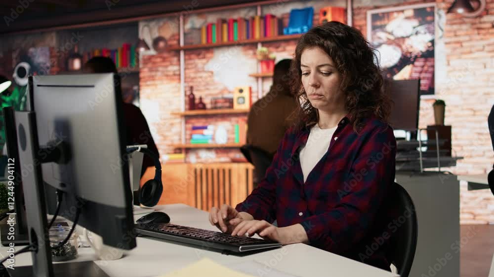 Poster woman using pc in startup office to design and implementing algorithms enabling machine learning. te