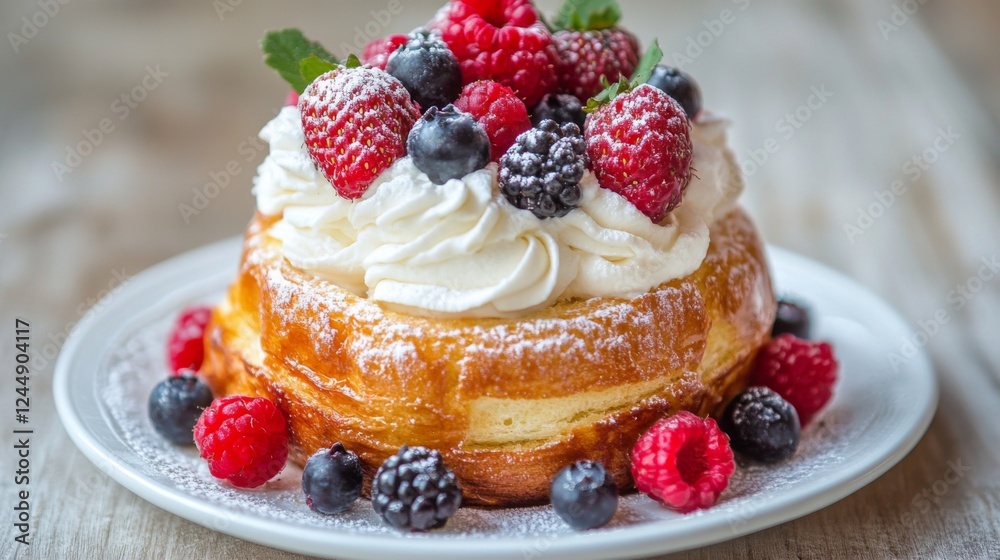 Poster Toasted brioche topped with whipped cream and berries, creating a delightful and inviting brunch setup on a rustic table