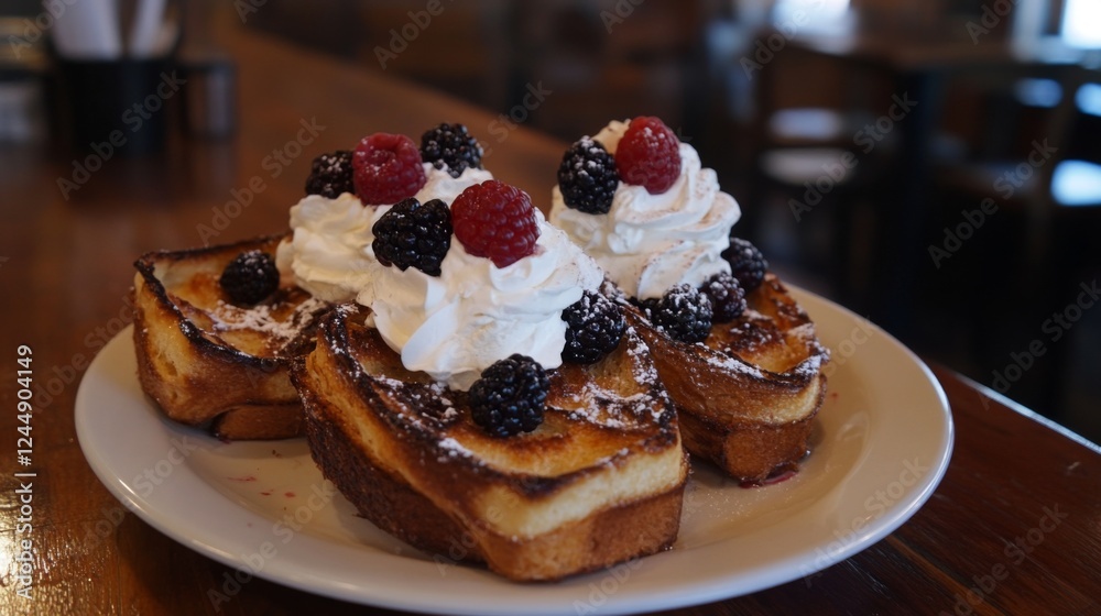 Fototapete Toasted brioche topped with whipped cream and berries, creating a delightful and inviting brunch setup on a rustic table