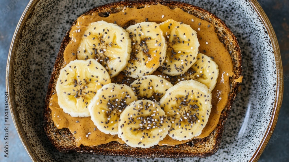 Poster toast topped with creamy peanut butter and banana slices, sprinkled with chia seeds, creating a nutr