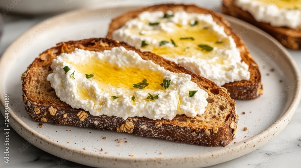 Poster toasted multigrain bread with fresh ricotta cheese and a drizzle of honey, set on a marble counterto