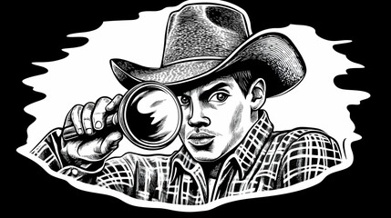 Cowboy Investigator Holds Magnifying Glass, Searches Clues in Vintage Illustration Style