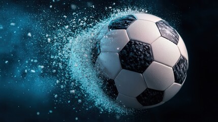 Naklejka premium Dynamic closeup view of a soccer ball colliding with a net in a night time setting capturing the powerful impact liquid splash and glowing silhouetted motion