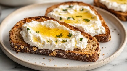 Toasted multigrain bread with fresh ricotta cheese and a drizzle of honey, set on a marble countertop for a simple and elegant breakfast scene