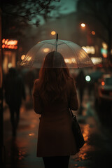 A woman stands alone in the rain at night, holding a transparent umbrella, with city lights reflecting off the wet pavement, creating a reflective and moody scene