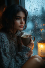 Serene Woman in Cozy Sweater Holding a Steaming Cup of Tea by a Rain-Streaked Window, Lost in Thought