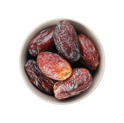 Tasty dried dates in bowl isolated on white, top view