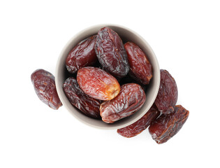Tasty dried dates in bowl isolated on white, top view