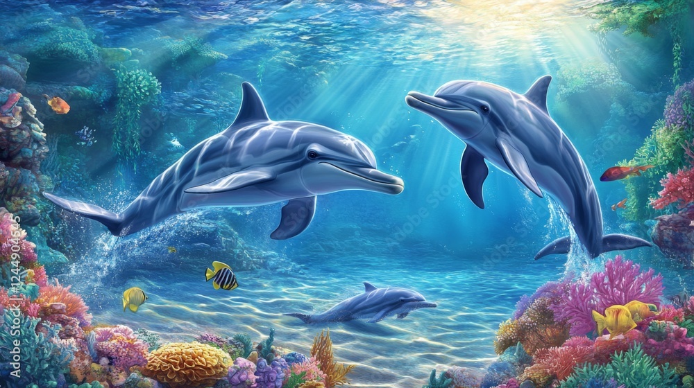 Poster underwater view of dolphins gliding through sunlit water, creating a calm and magical scene in their