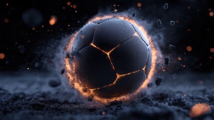 Fototapeta premium Fiery Football Soaring Towards Glowing Goal in Dynamic Sporting Action Energetic and Powerful Soccer or Football with Burning Glowing Effects