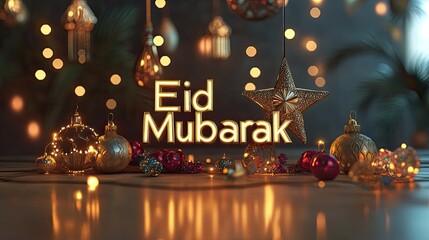 Elegant Eid Mubarak Celebration with Golden Ornaments and Sparkling Lights