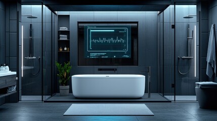 Fototapeta premium Futuristic and modern bathroom interior with holographic health monitor display Sleek minimalist design with smart technology for a high tech elegant living experience