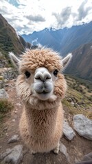 Obraz premium Close-up of a fluffy alpaca looking directly at the camera, set against a stunning mountain backdrop.
