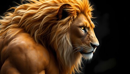 Fototapeta premium Majestic Male Lion Profile Portrait with Golden Mane