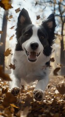 Happy border collie dog running through autumn leaves.