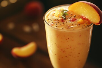 Peach smoothie, chia seeds, mango, summer drink, wood background, healthy recipe