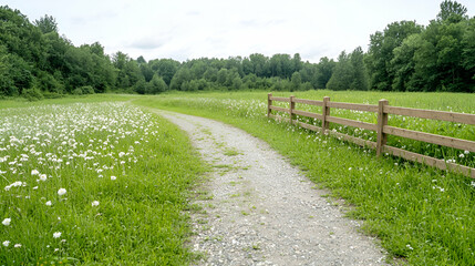 Obraz premium Gravel path through daisy field, trees background, idyllic summer scene, nature photography