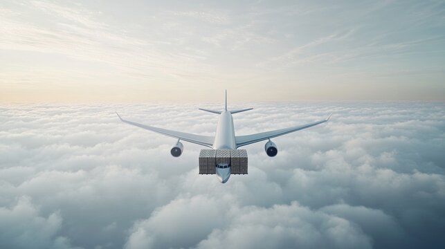 Cargo plane flying above clouds carrying cardboard boxes.