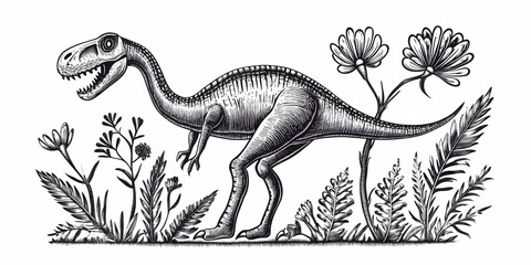 Dinosaur Stands Among Lush Prehistoric Plants in Detailed Illustration