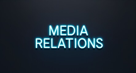Fototapeta premium media relations word lettering with neon blue glow on plain black dark background
