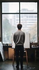 Man standing before blank canvas in art studio, overlooking city.