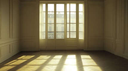 Obraz premium Sunbeams illuminate an empty, elegant room with large windows and wood floors.