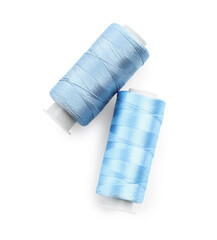 Spools of bright sewing threads isolated on white, top view