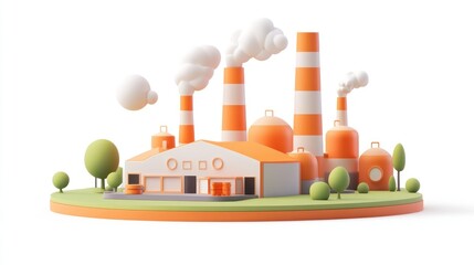 Fototapeta premium 3D rendering of a small industrial factory with smokestacks and trees on a circular base.
