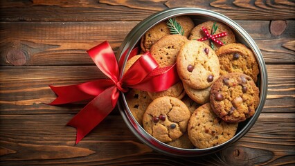 A Festive Tin of Delicious Homemade Cookies Tied with a Red Bow on a Rustic Wooden Surface